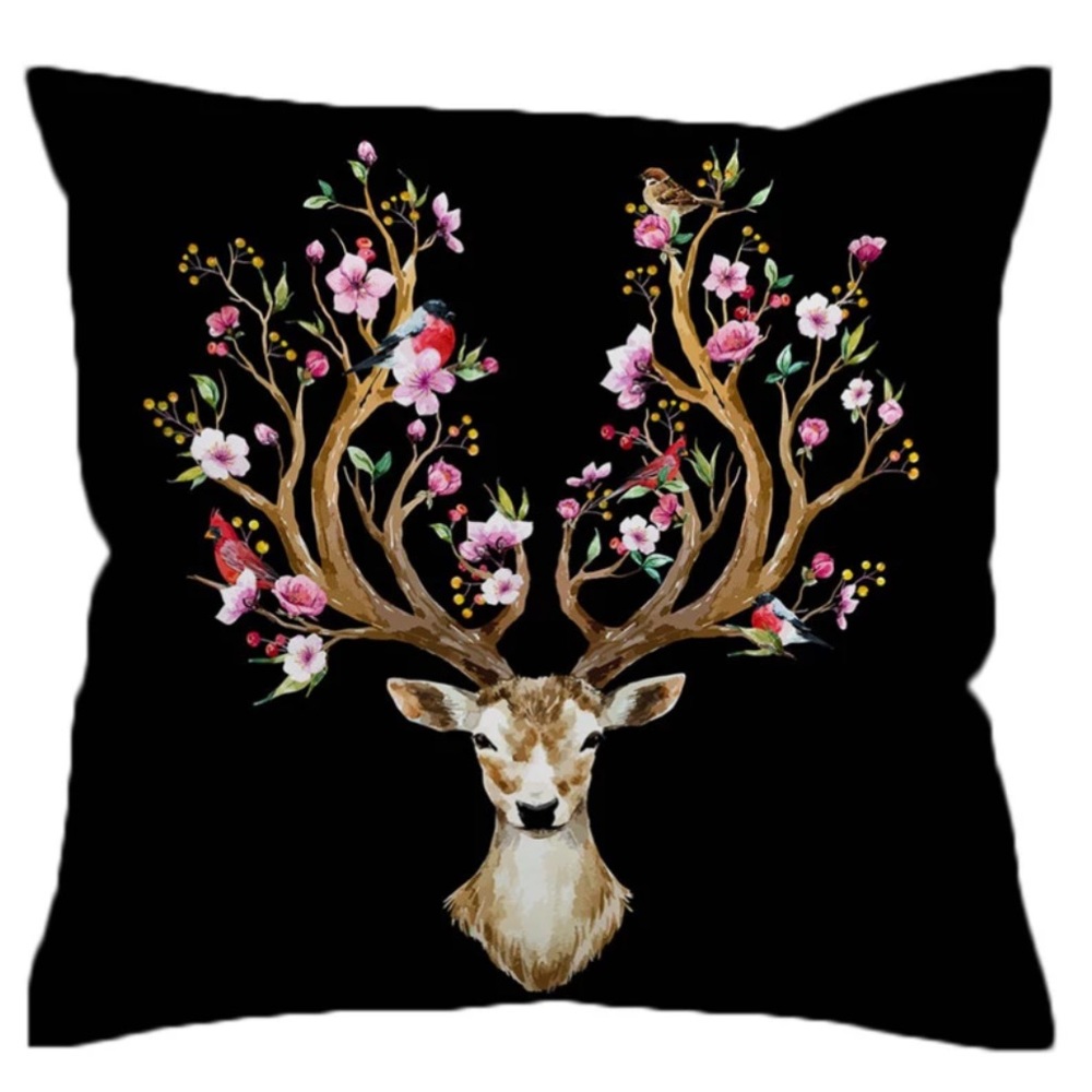 NEW Reindeer Floral Black 17' x 17" Pillow Boho